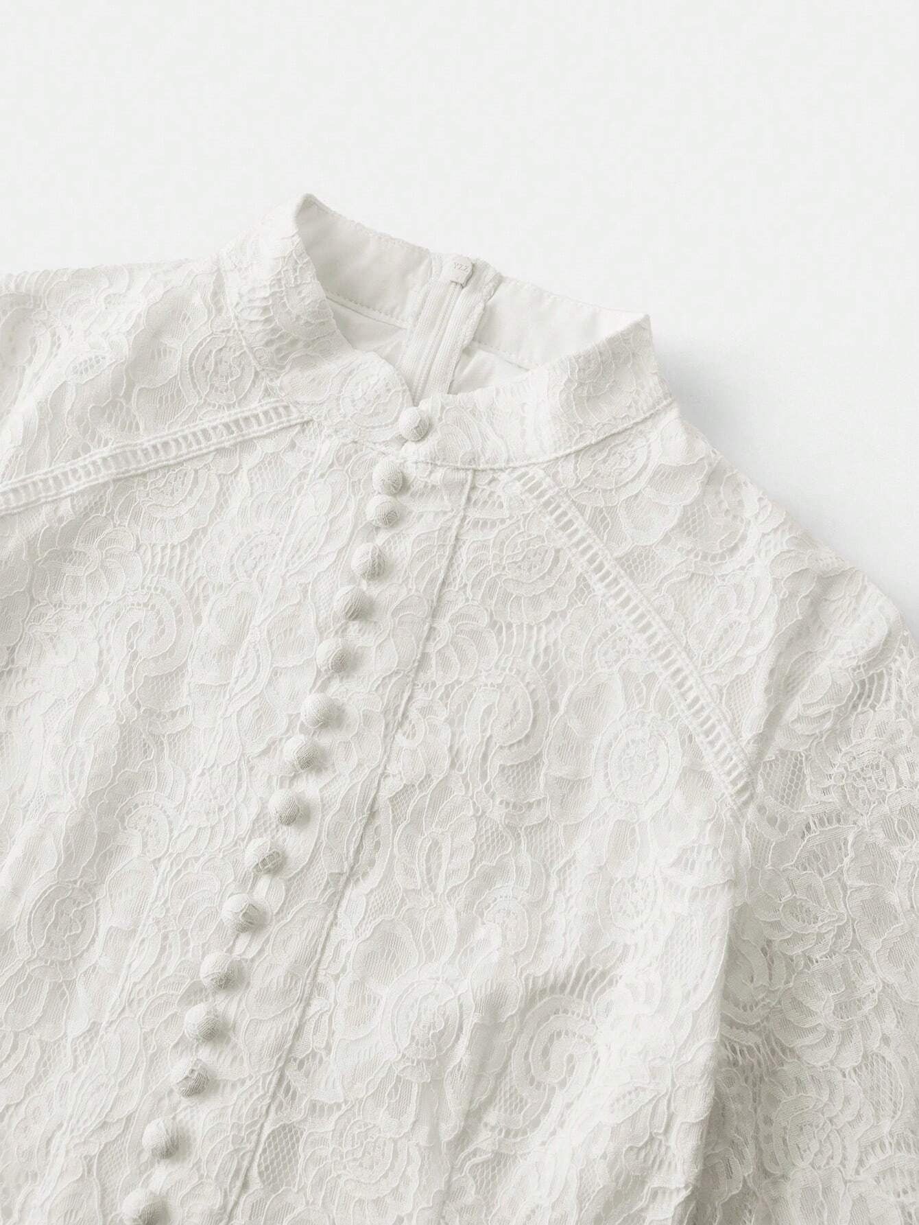 Long‑Sleeve Rose Lace Maxi Dress – White