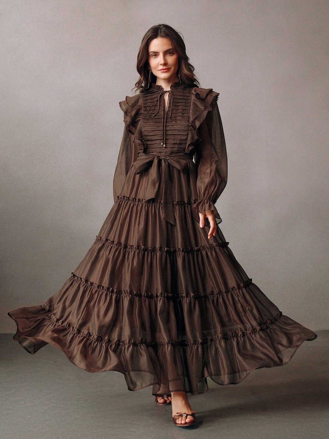 Elaire Elegant Ruched‑Hem Party Dress -Brown