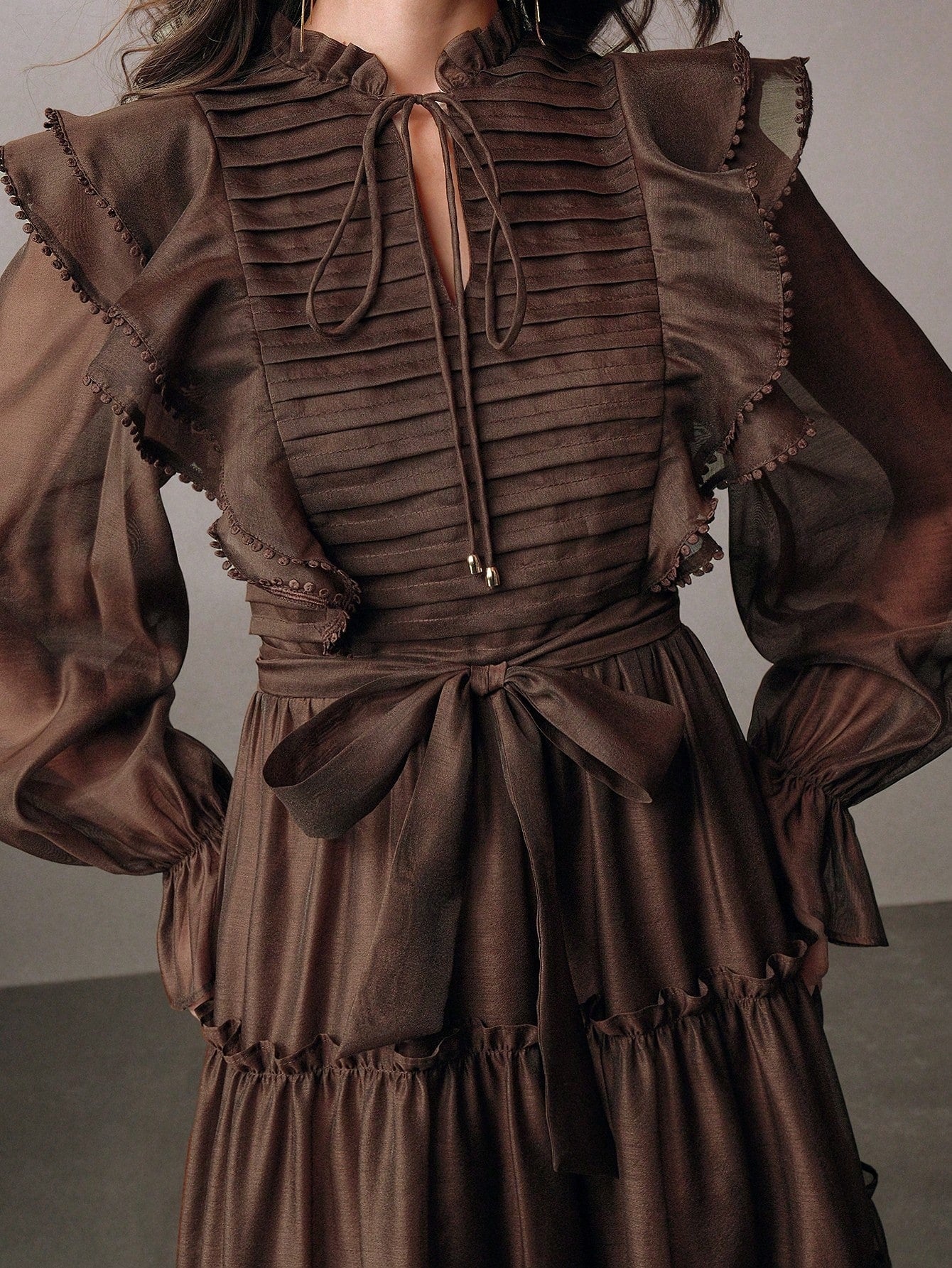 Elaire Elegant Ruched‑Hem Party Dress -Brown