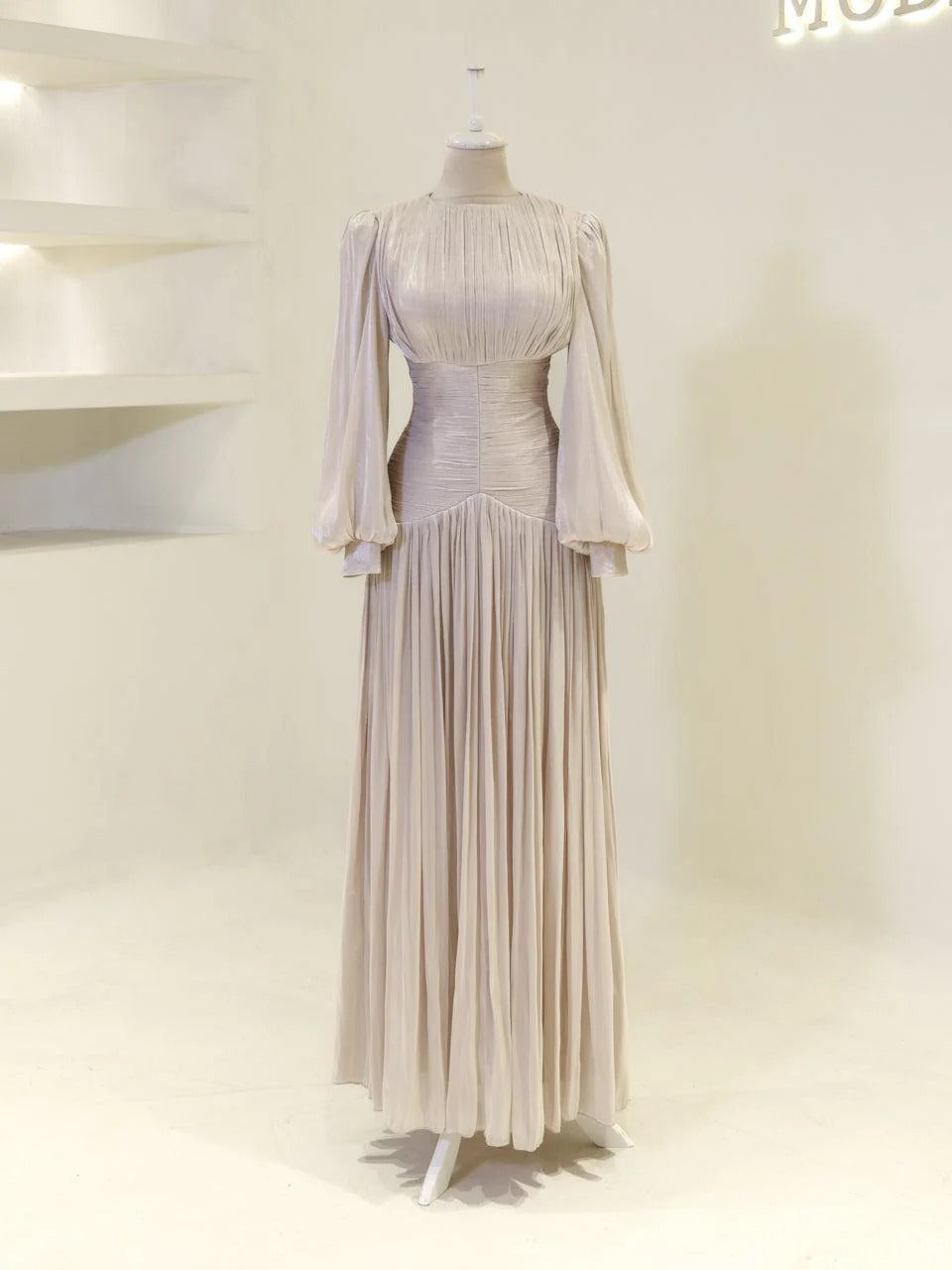 Shimmering Orchid Modest Evening Dress - Flare Pleated Gown - Beige