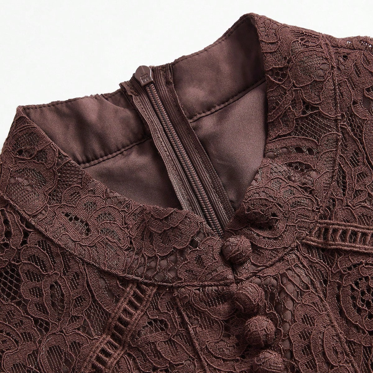 Long‑Sleeve Rose Lace Maxi Dress – Brown