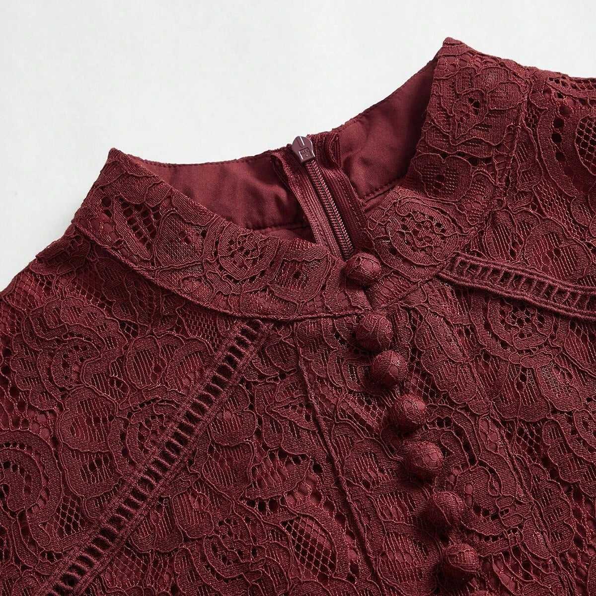 Long‑Sleeve Rose Lace Maxi Dress – Burgonya