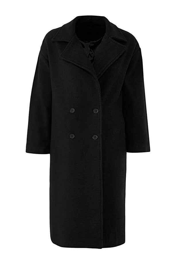 Black Oversized Wide-Cut Long Wool-Blend Overcoat