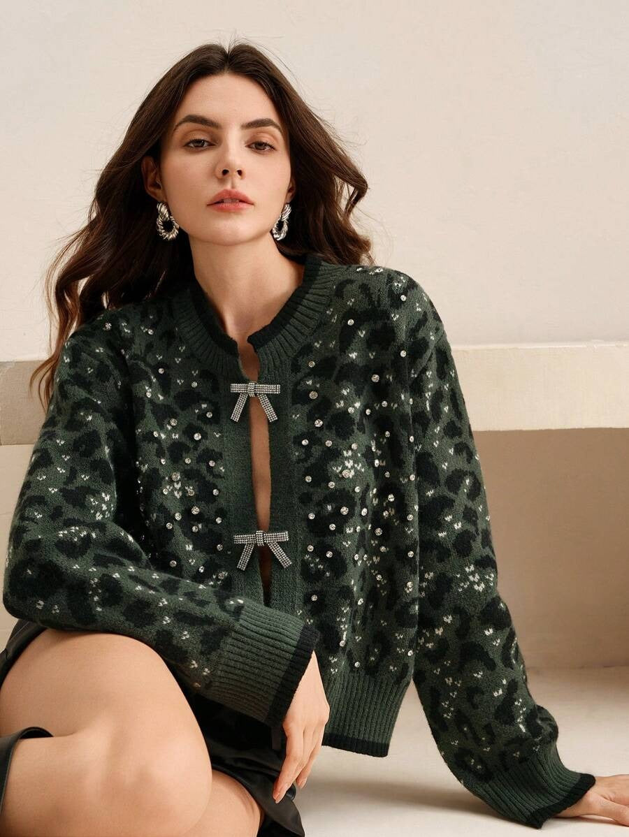 Vintage Leopard Print Knitted Cardigan With Bow Tie And Rhinestone Decor