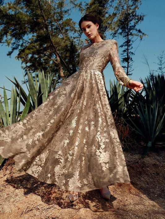 Luxe Gold Lace Long-Sleeve Dress