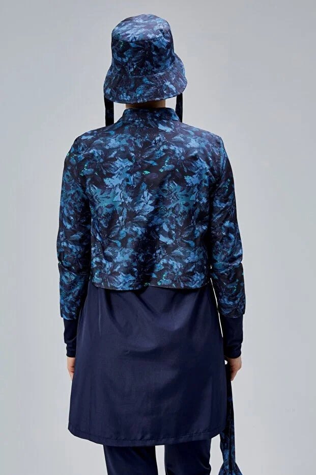 Midnight Blue Patterned Full Coverage Burkini - 3 Piece Zip-Up Swimsuit