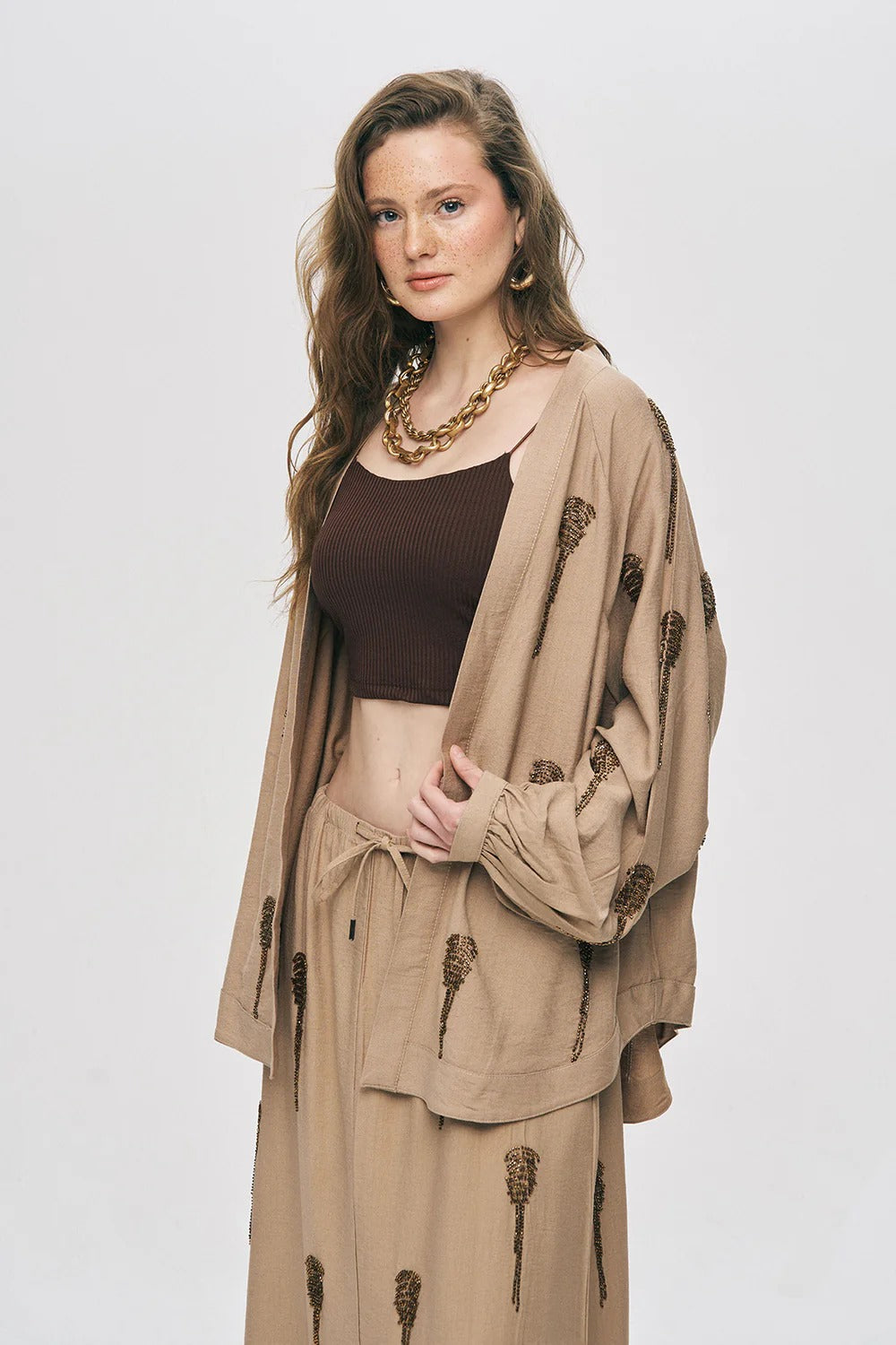 Limited Collection Hand-Made Beaded Oversized Kimono –  Beige