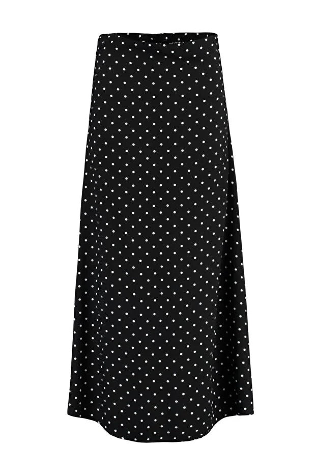 Black & White Polka Dot 100% Viscose Midi Skirt — Modest High-Waist A-Line