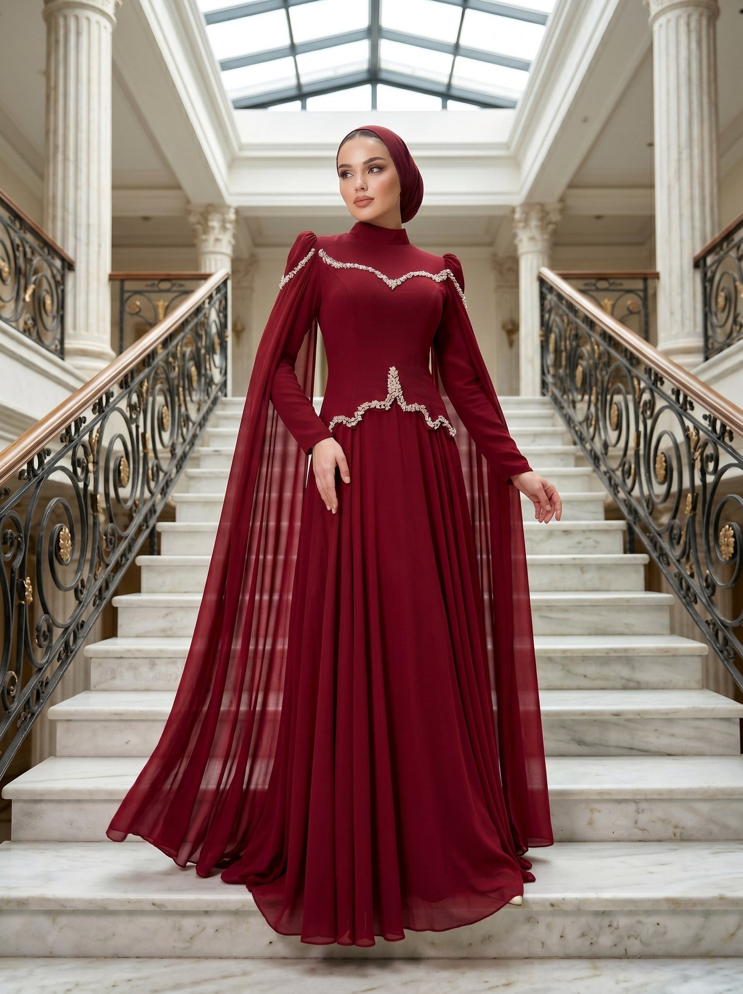 Stone-Embellished Corset Bodice Cape Sleeve Formal Dress- Burgundy
