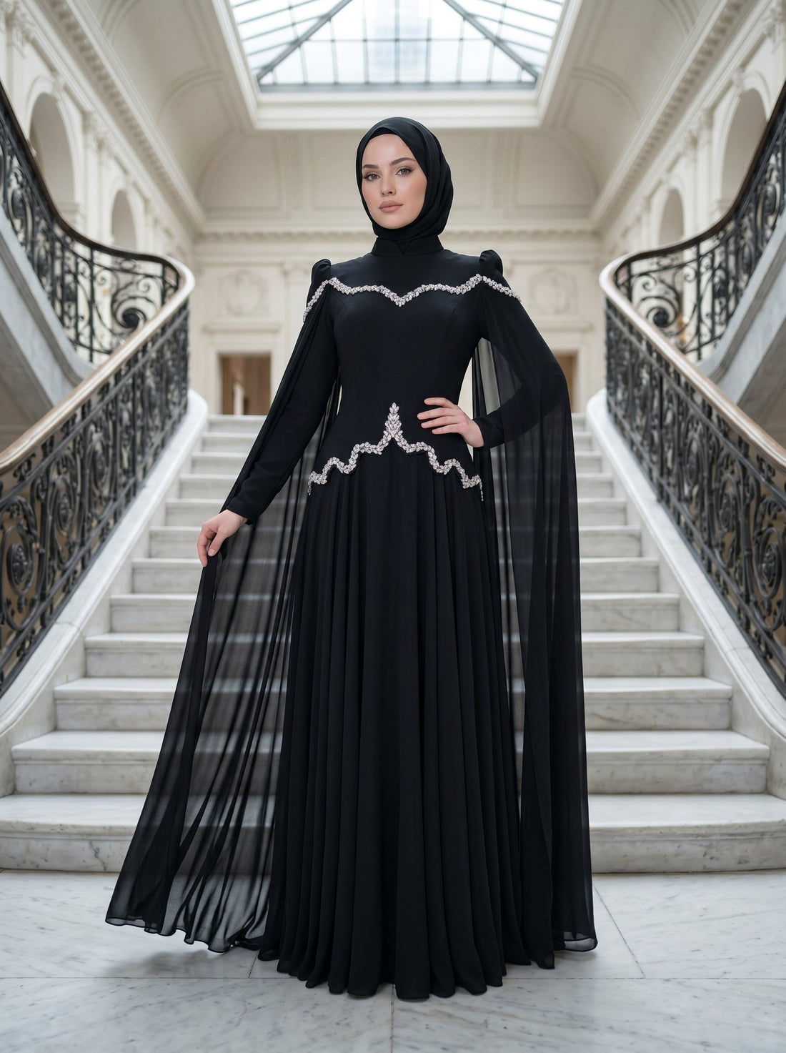 Stone-Embellished Corset Bodice Cape Sleeve Formal Dress