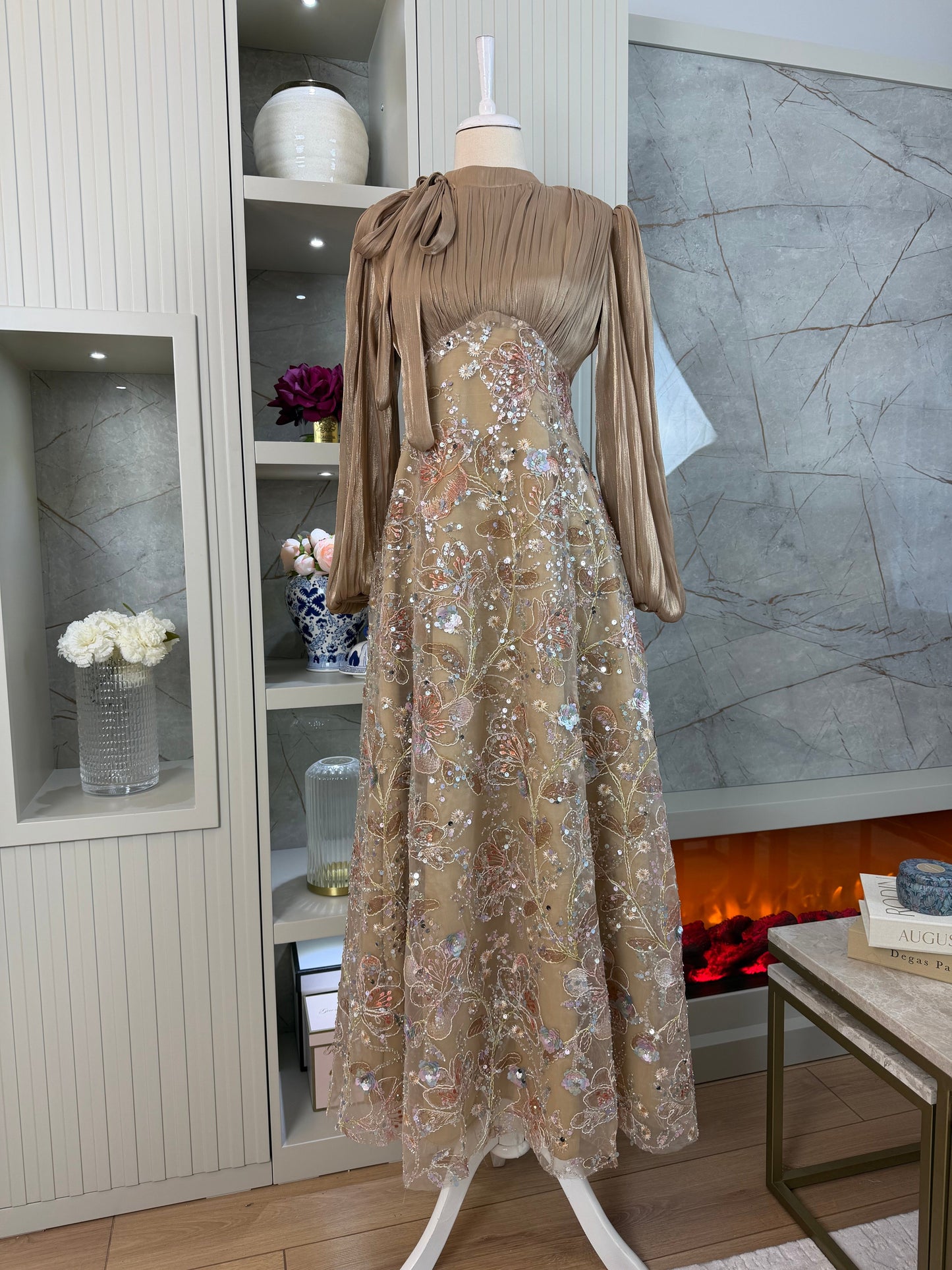 Lisbonne Orchid & Embroidery Modest Evening Gown - Gold