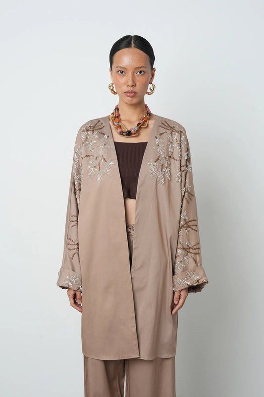 Limited Collection Beaded Collar & Sleeve Detail Oversized Long Kimono – Beige