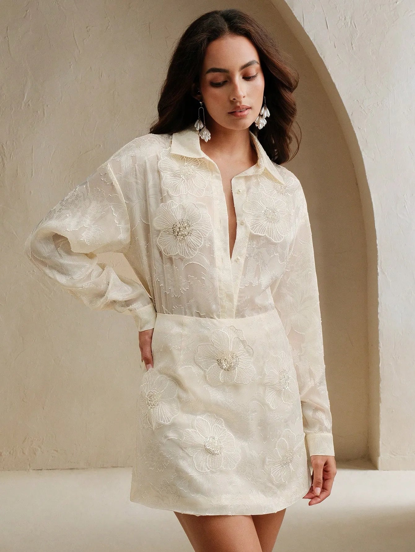 2‑Piece Elegant Blouse & 3D Flower Mini Skirt Set