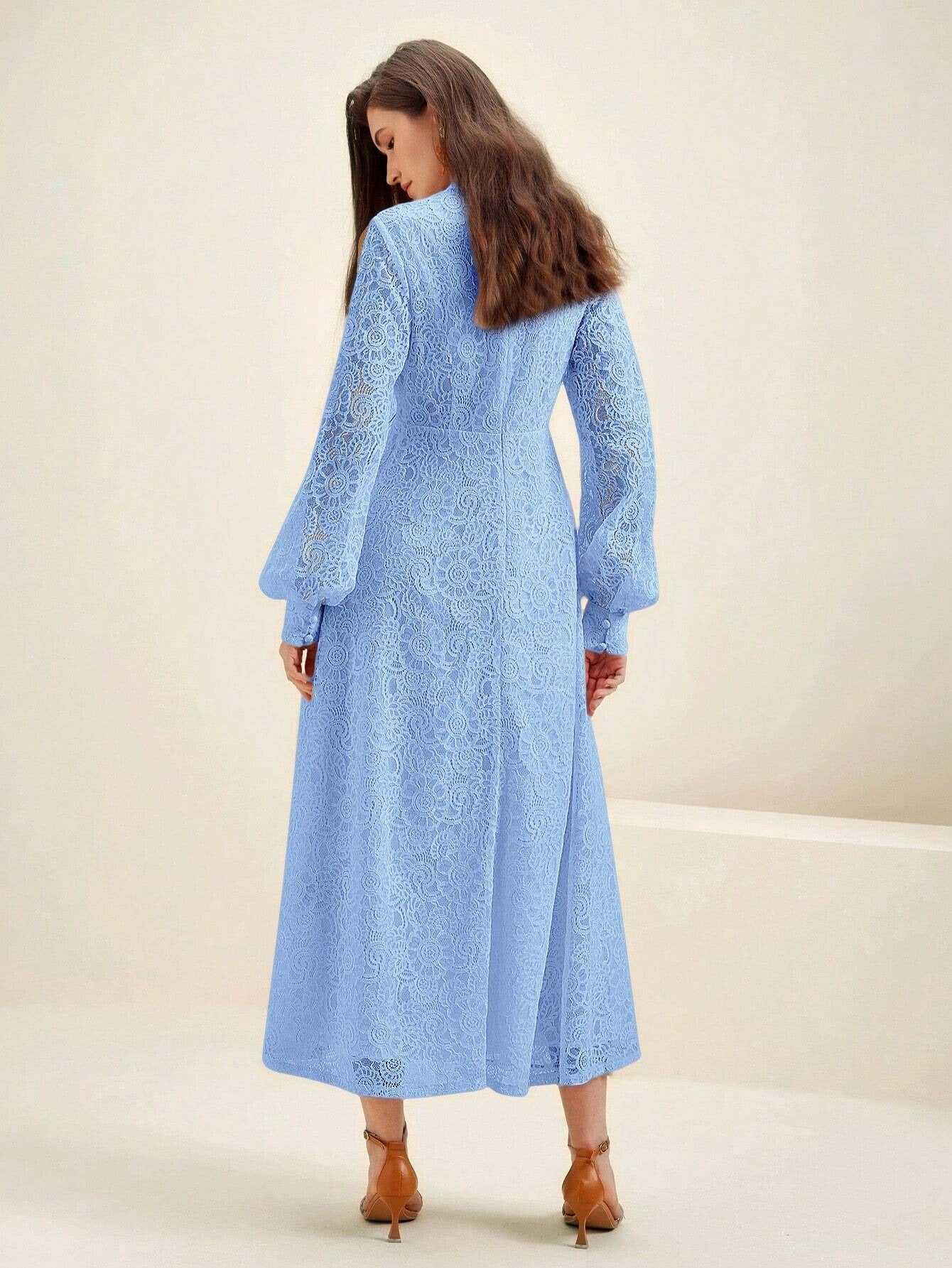 Long‑Sleeve Rose Lace Maxi Dress – Baby Blue