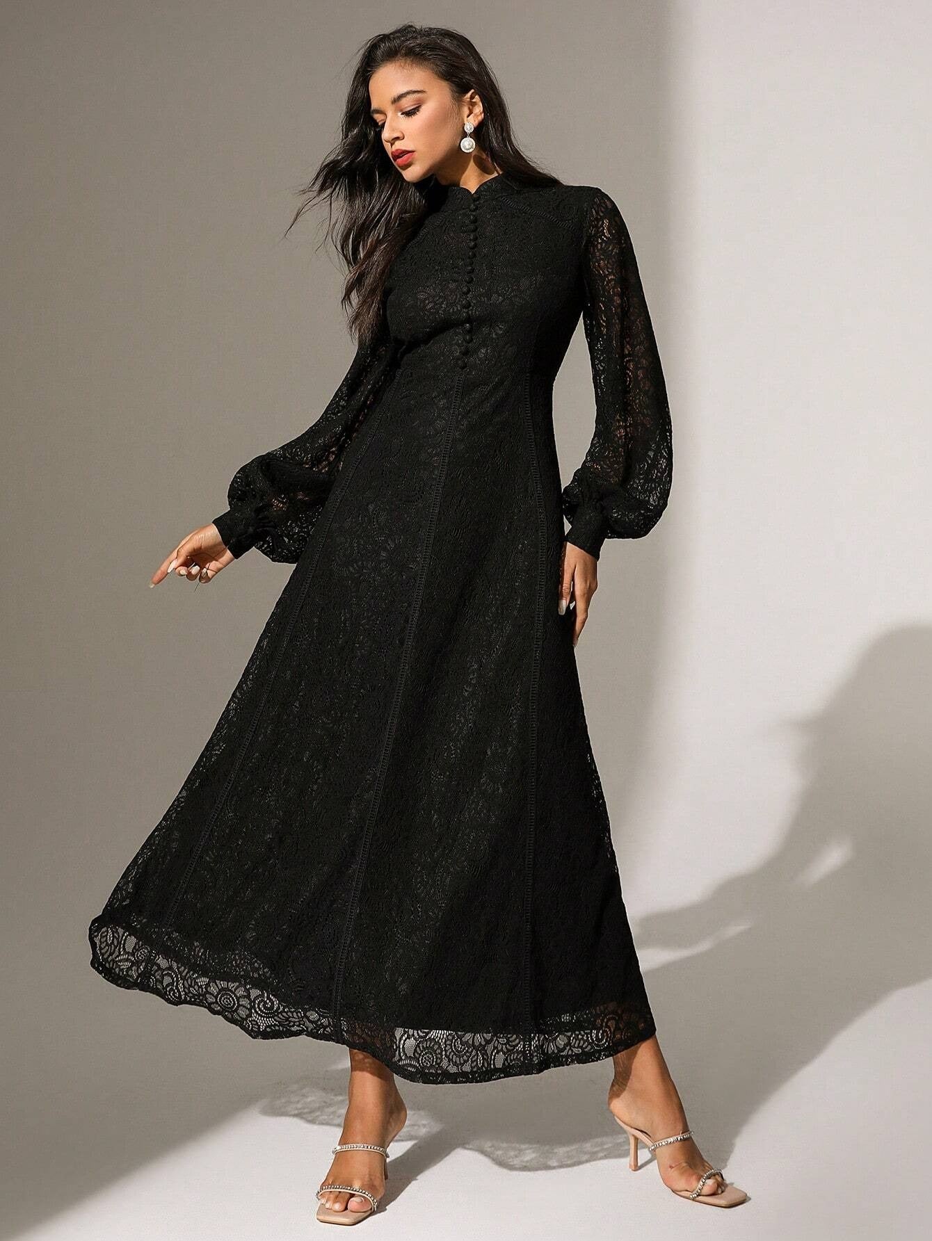 Long‑Sleeve Rose Lace Maxi Dress – Black