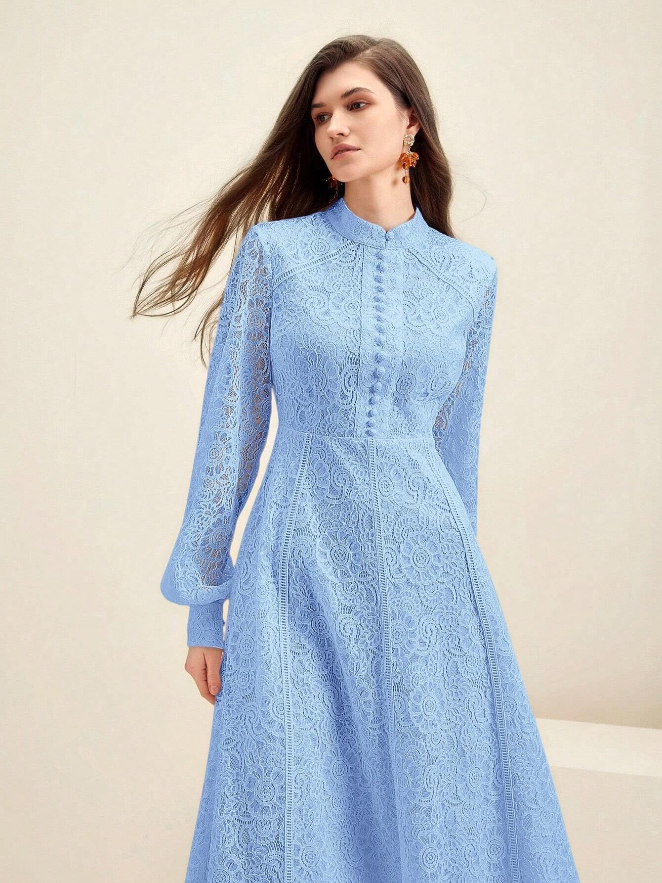 Long‑Sleeve Rose Lace Maxi Dress – Baby Blue