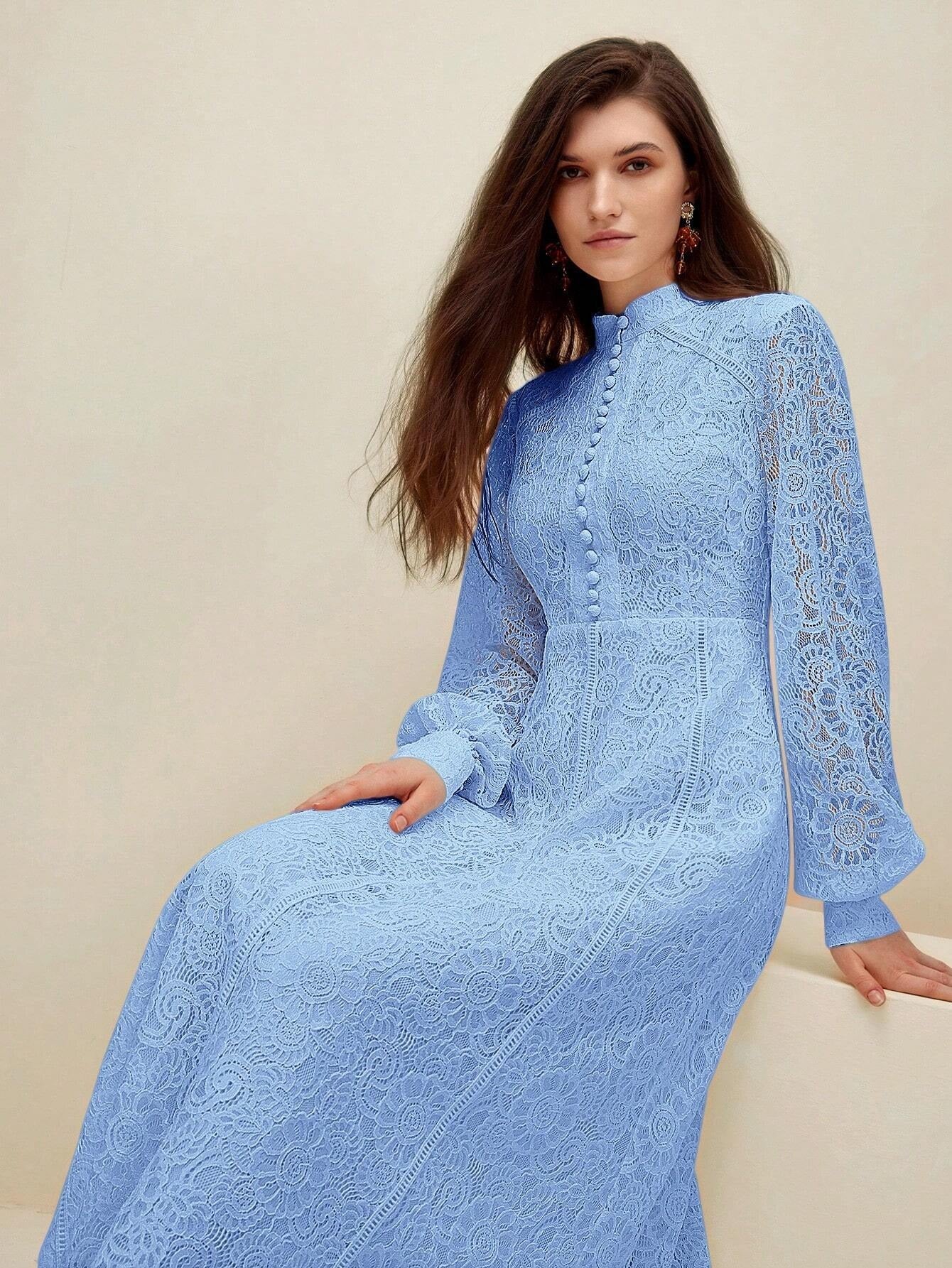Long‑Sleeve Rose Lace Maxi Dress – Baby Blue