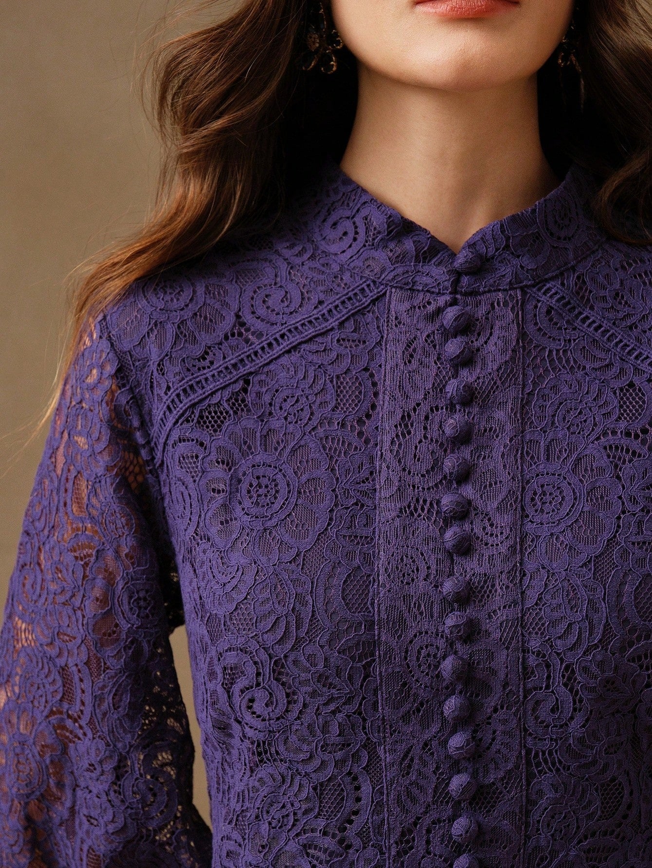 Long‑Sleeve Rose Lace Maxi Dress – Lavender Purple