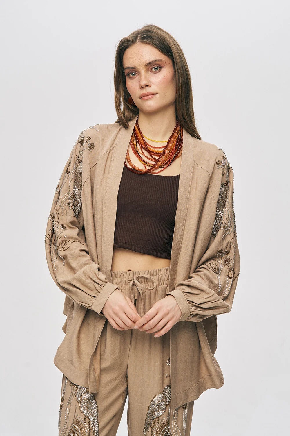 Limited Collection Oriental Bird & Floral Beaded Oversized Kimono –  Beige