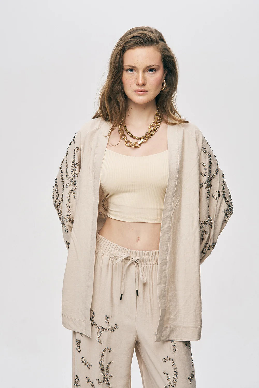 Limited Collection Sapphire Beaded Silky Viscose Oversized Kimono - Light Beige