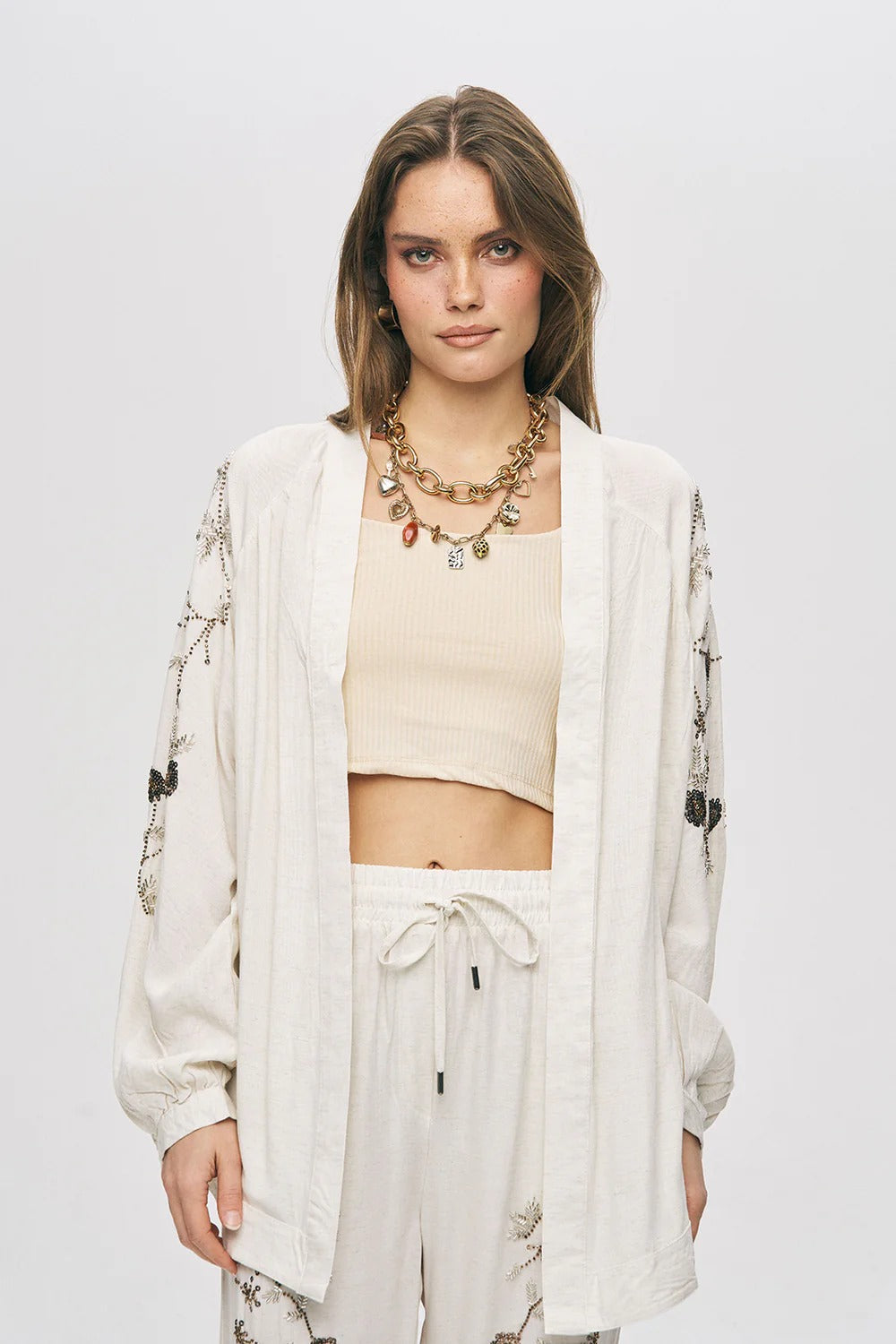 Limited Collection Floral Embroidered Viscose-Linen Oversized Kimono – Natur