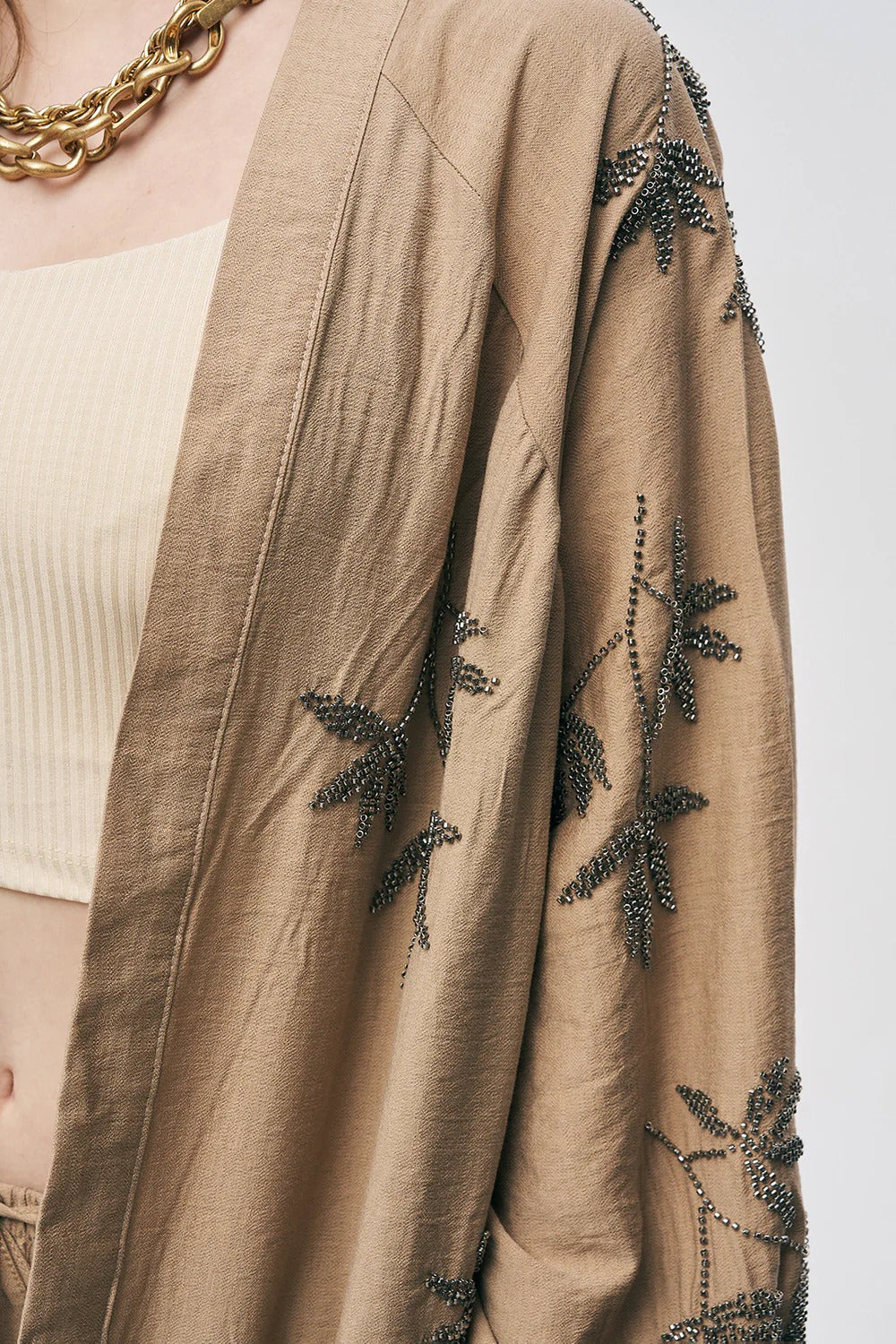 Limited Collection Leaf Embroidered Oversized Draped Kimono – Beige