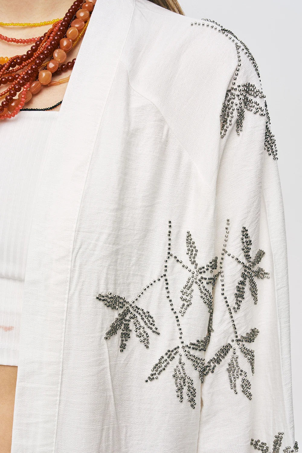 Limited Collection Leaf Embroidered Oversized Draped Kimono – Ecru