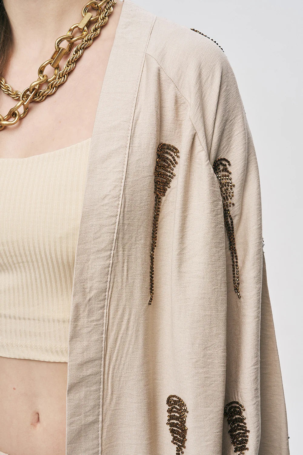 Limited Collection Hand-Made Beaded Oversized Kimono – Light Beige