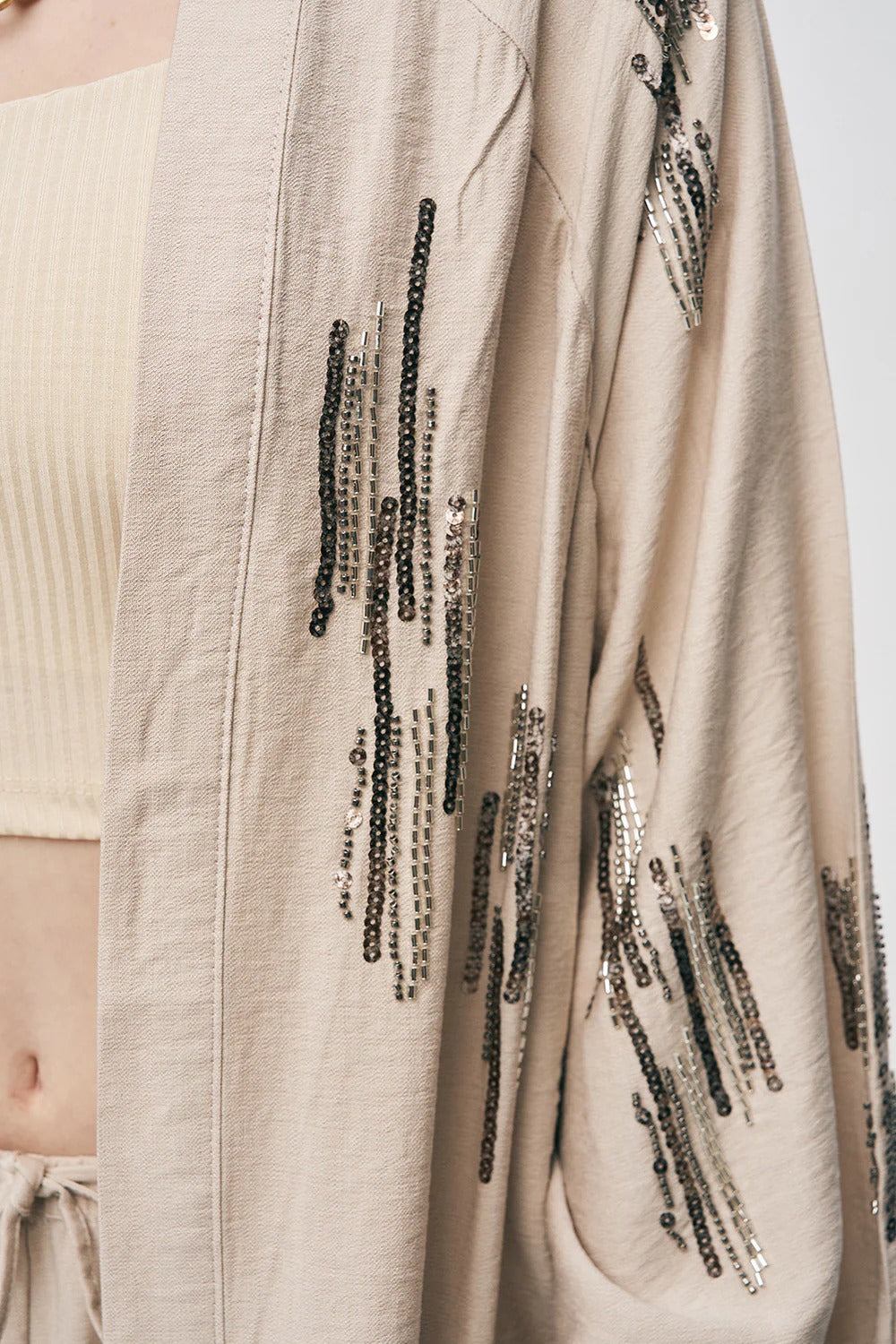 Glow Sequin & Beaded Oversized Viscose Kimono – Beige