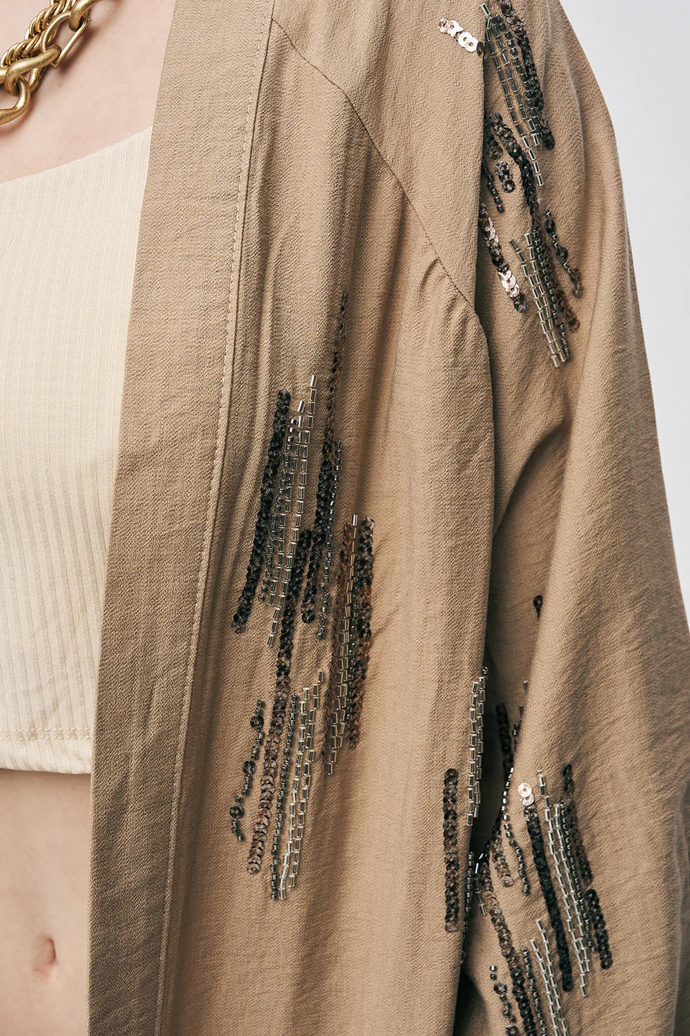 Glow Sequin & Beaded Oversized Viscose Kimono – Camel