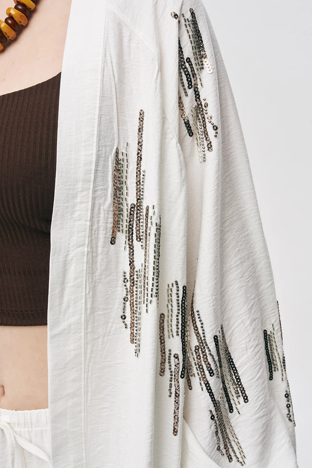 Glow Sequin & Beaded Oversized Viscose Kimono – Ecru