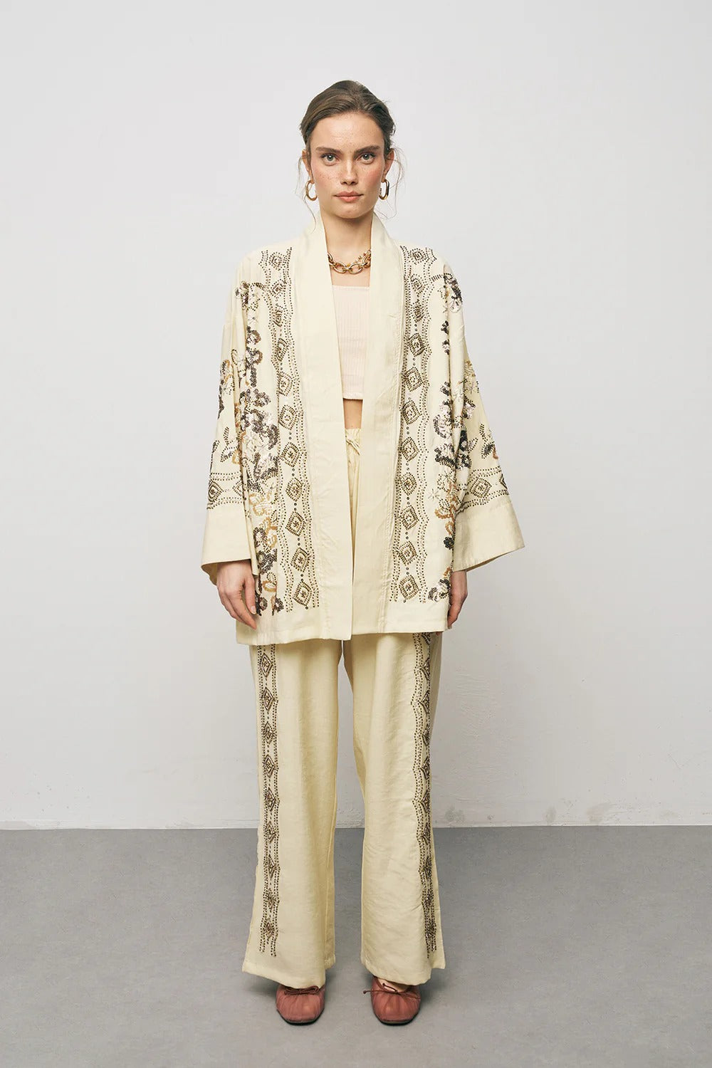Limited Collection Ethnic Glow Beaded & Embroidered Luxury Lyocell Oversized Kimono - Yellow