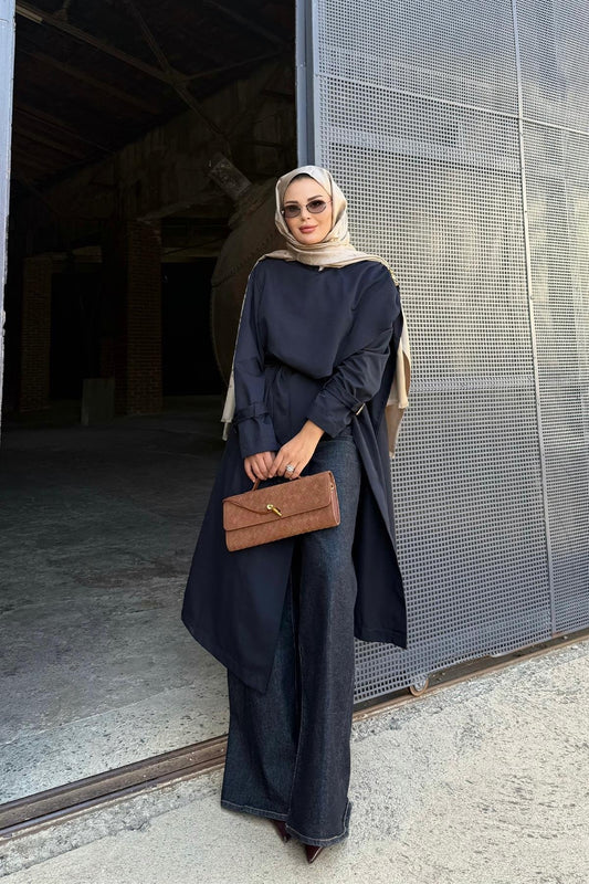 Brooch Detailed Shawl Collar Trenchcoat - Navy