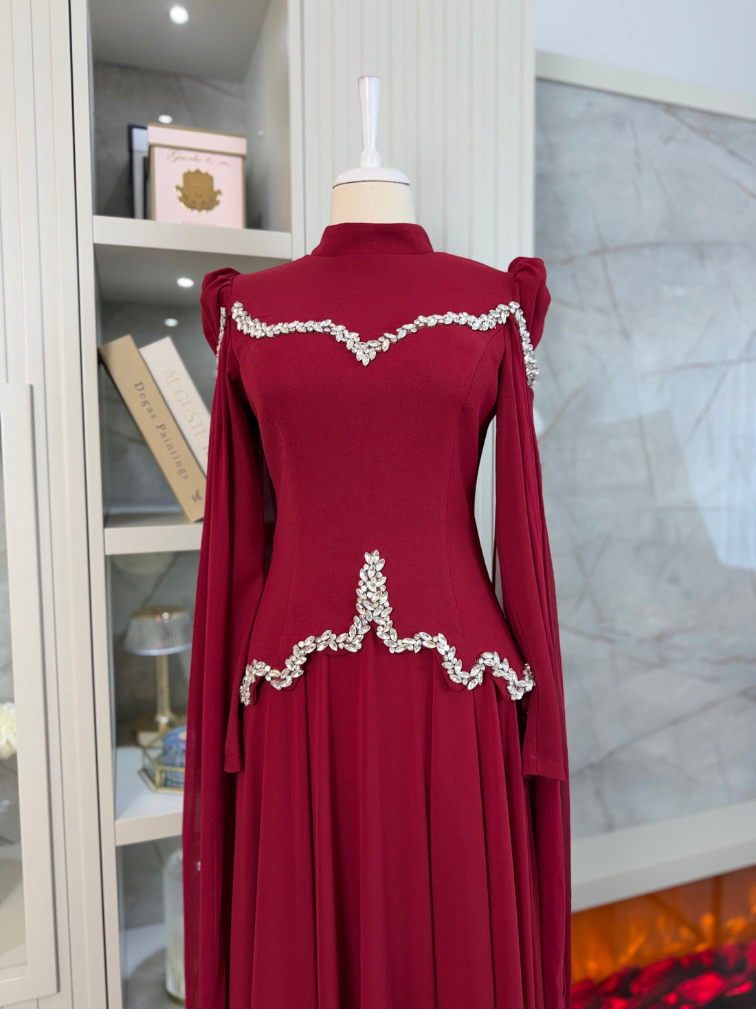 Stone-Embellished Corset Bodice Cape Sleeve Formal Dress- Burgundy