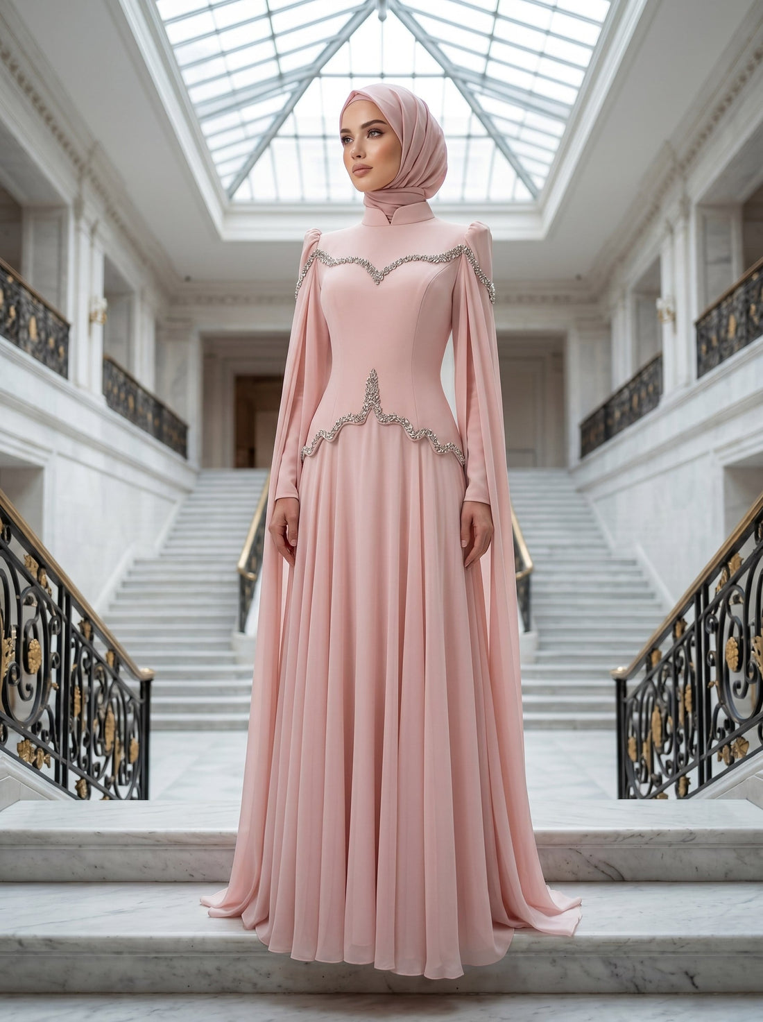 Stone-Embellished Corset Bodice Cape Sleeve Formal Dress- Poudra