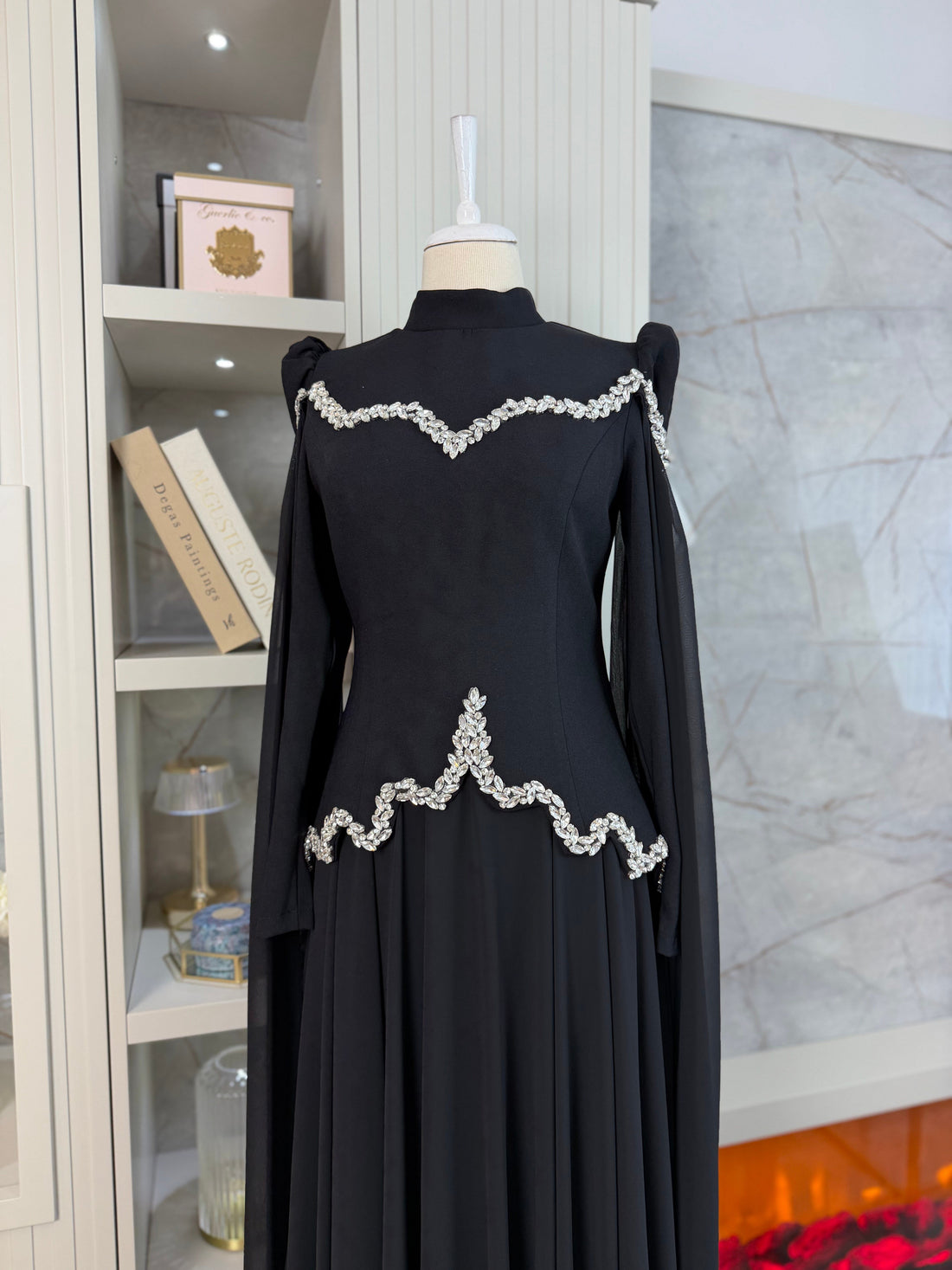 Stone-Embellished Corset Bodice Cape Sleeve Formal Dress
