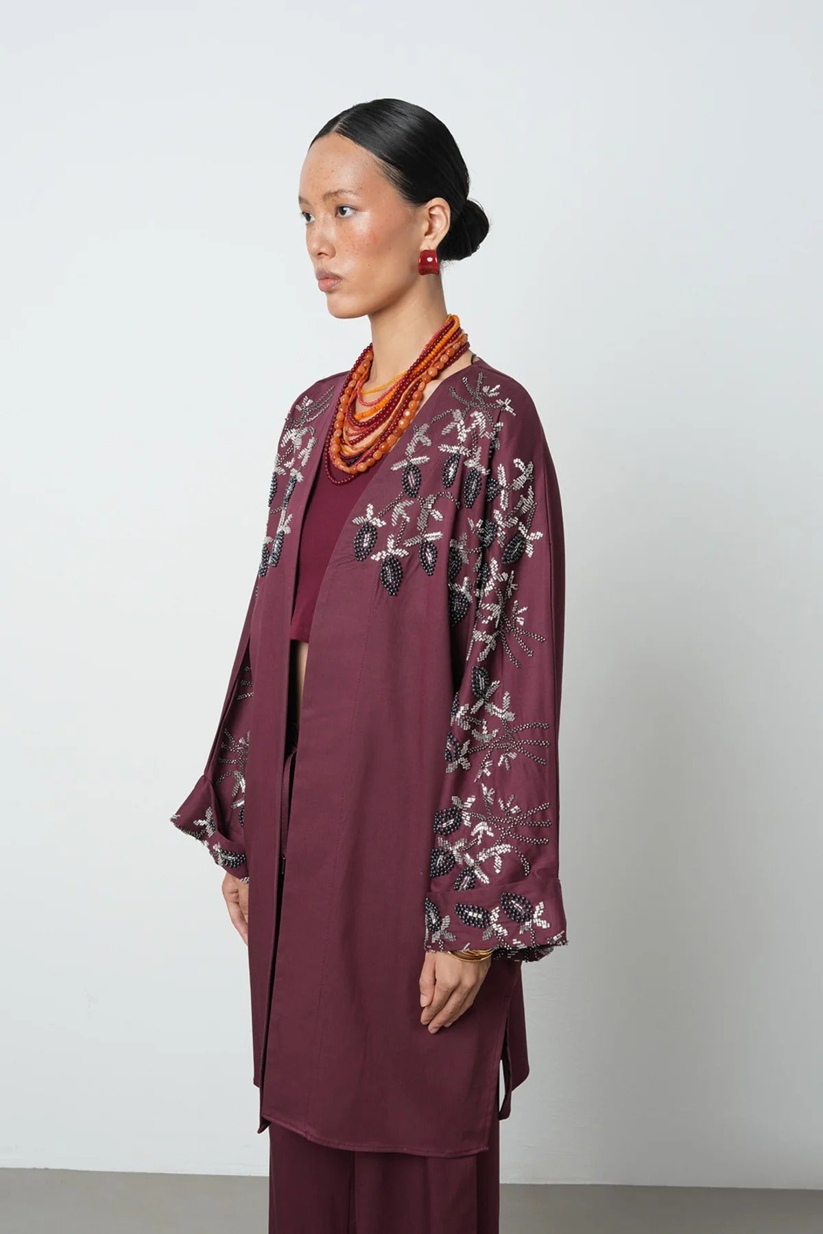 Limited Collection Beaded Collar & Sleeve Detail Oversized Long Kimono – Burgundy