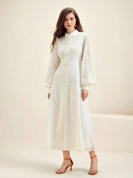 Long‑Sleeve Rose Lace Maxi Dress – White