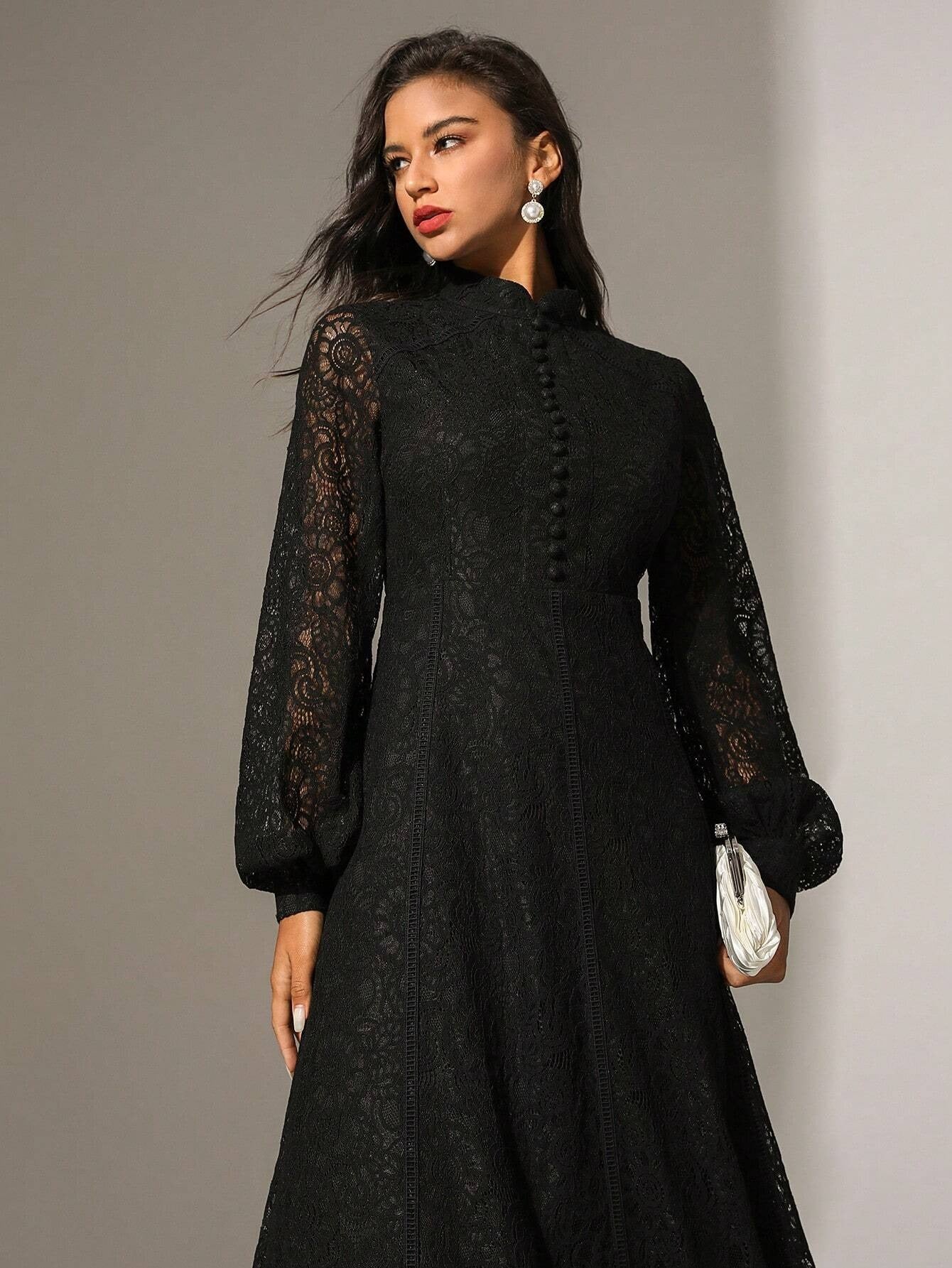 Long‑Sleeve Rose Lace Maxi Dress – Black