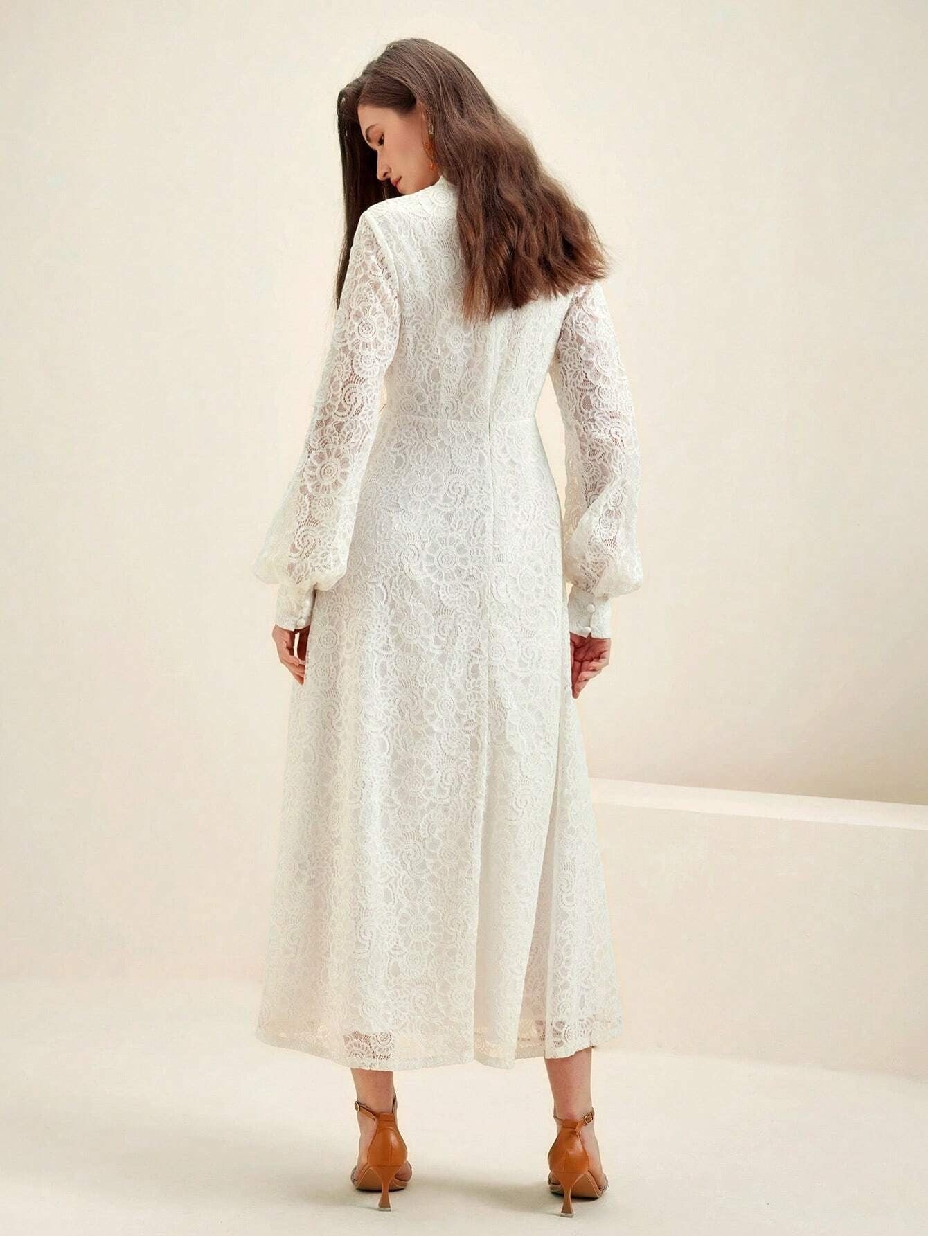 Long‑Sleeve Rose Lace Maxi Dress – White