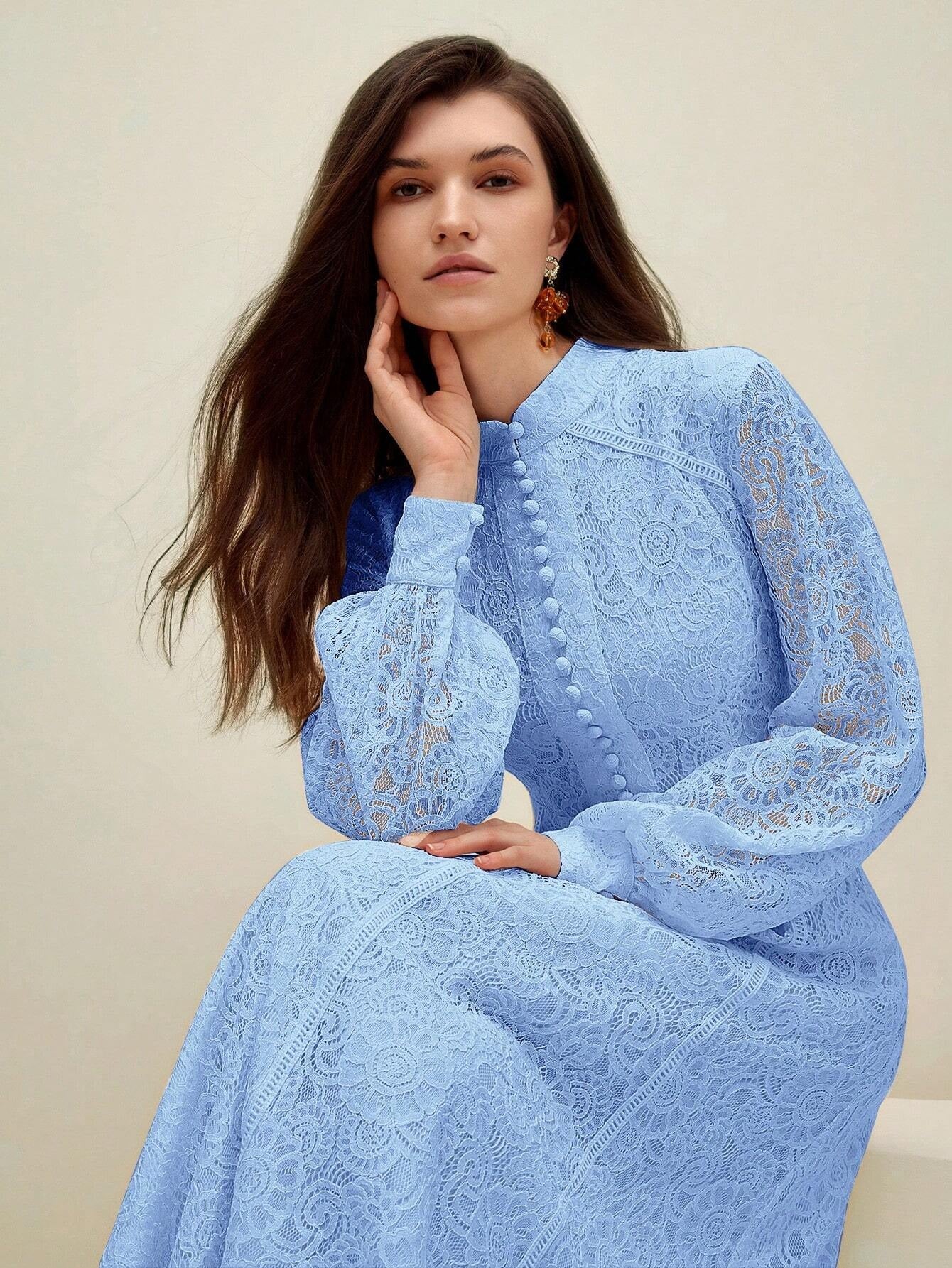 Long‑Sleeve Rose Lace Maxi Dress – Baby Blue