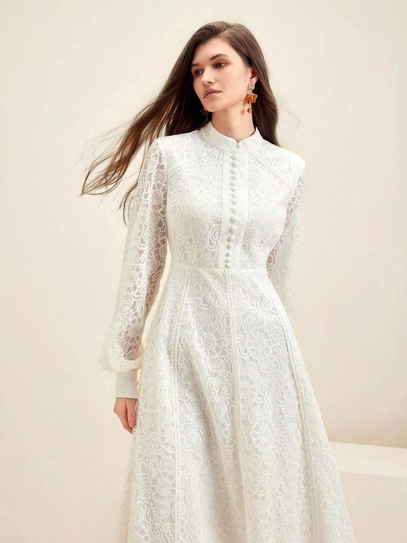 Long‑Sleeve Rose Lace Maxi Dress – White