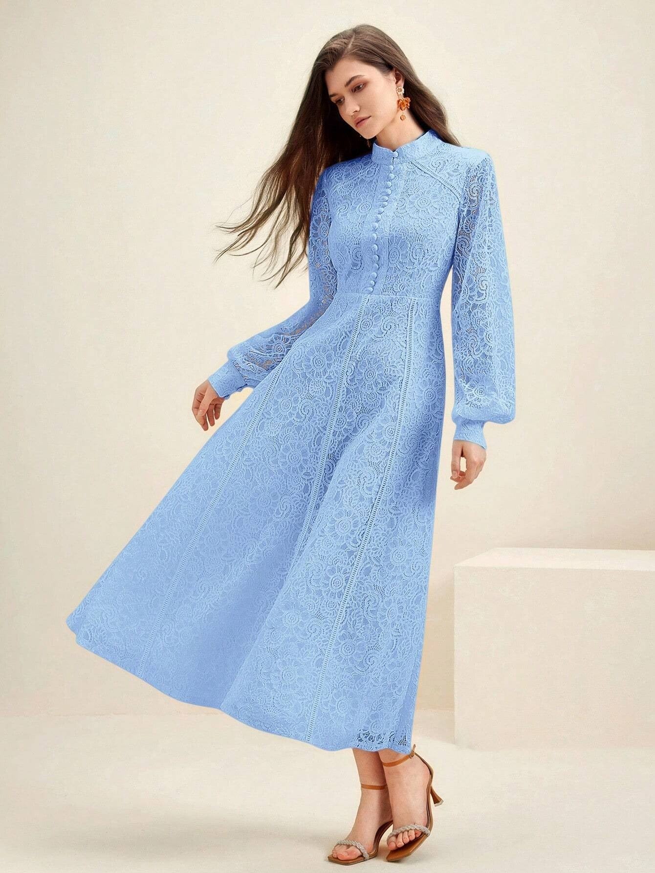 Long‑Sleeve Rose Lace Maxi Dress – Baby Blue