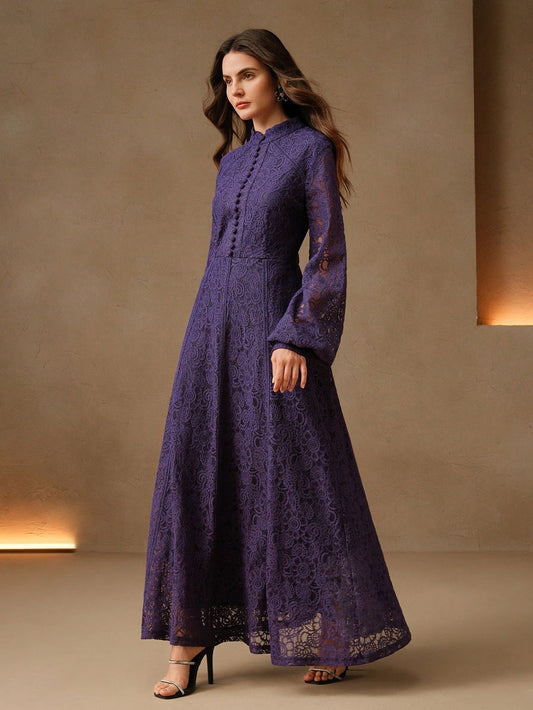 Long‑Sleeve Rose Lace Maxi Dress – Lavender Purple
