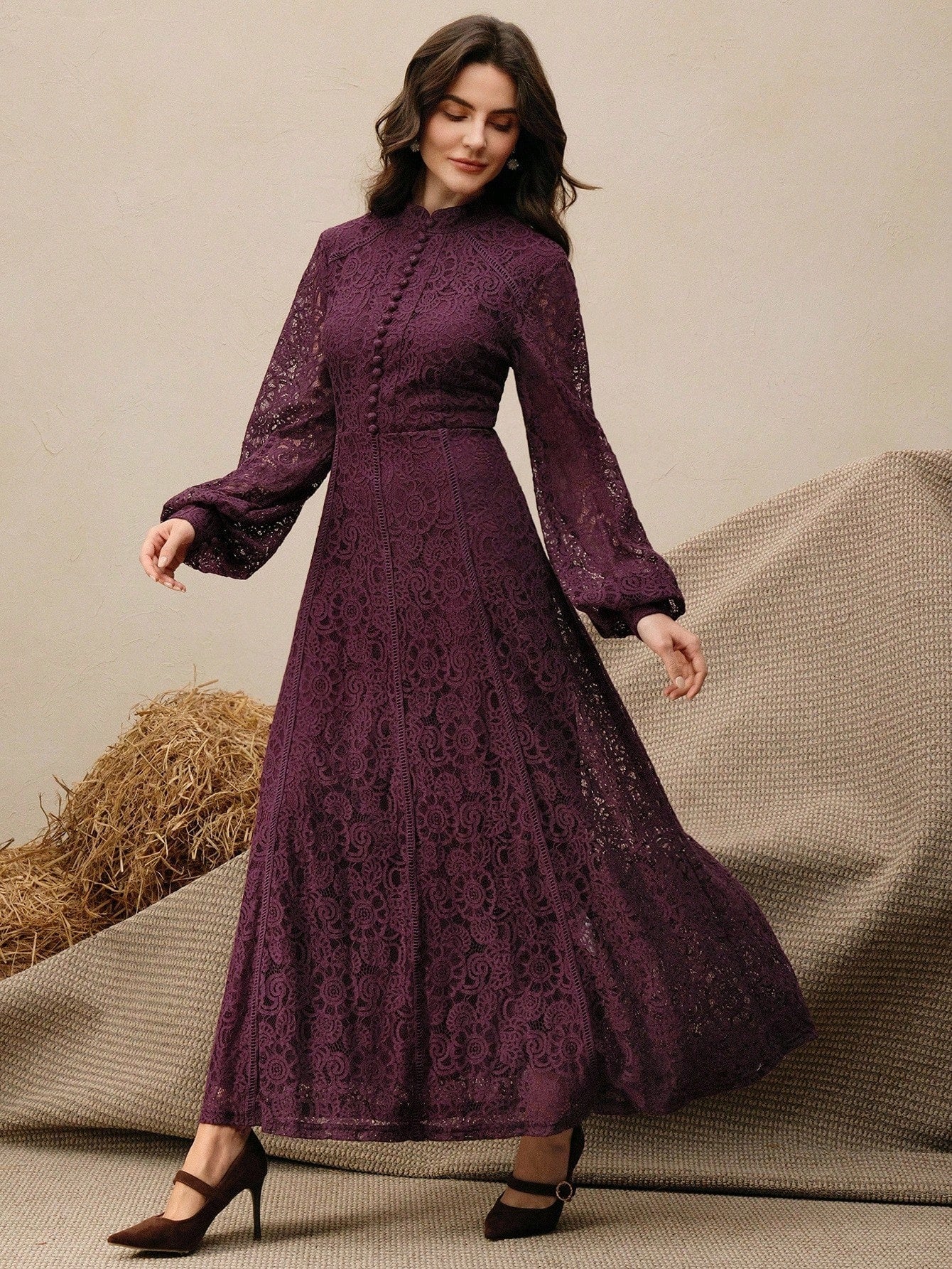 Long‑Sleeve Rose Lace Maxi Dress – Purple