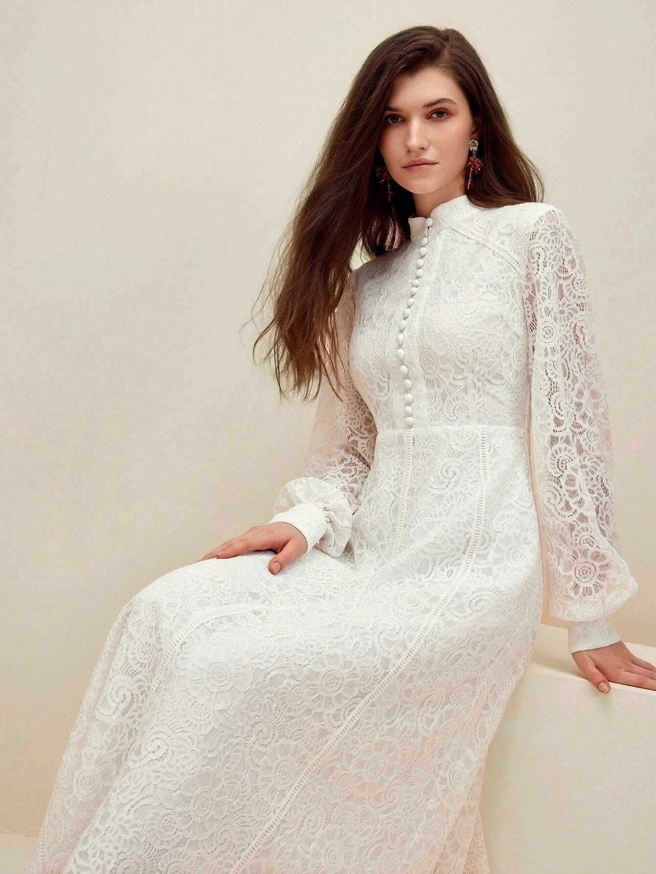 Long‑Sleeve Rose Lace Maxi Dress – White