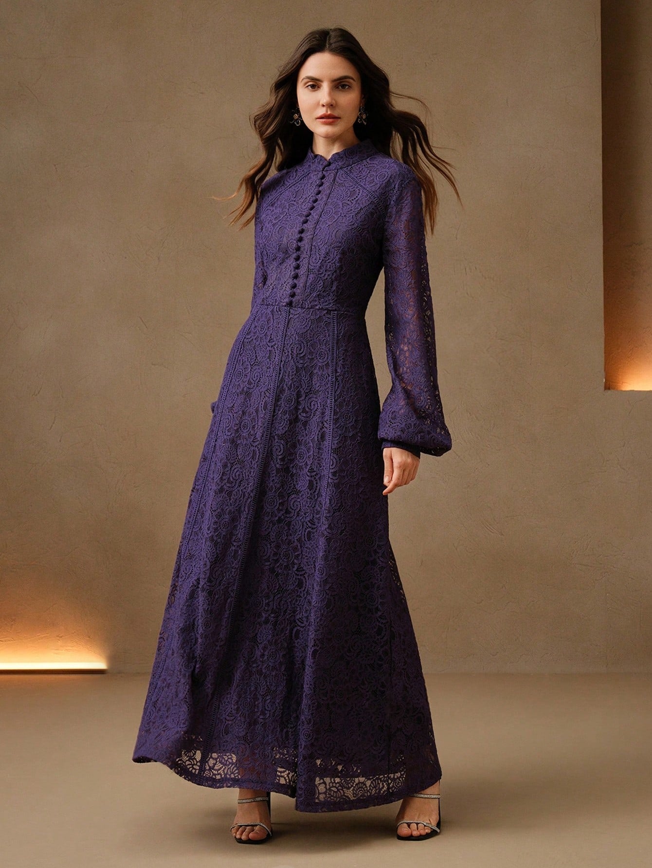 Long‑Sleeve Rose Lace Maxi Dress – Lavender Purple