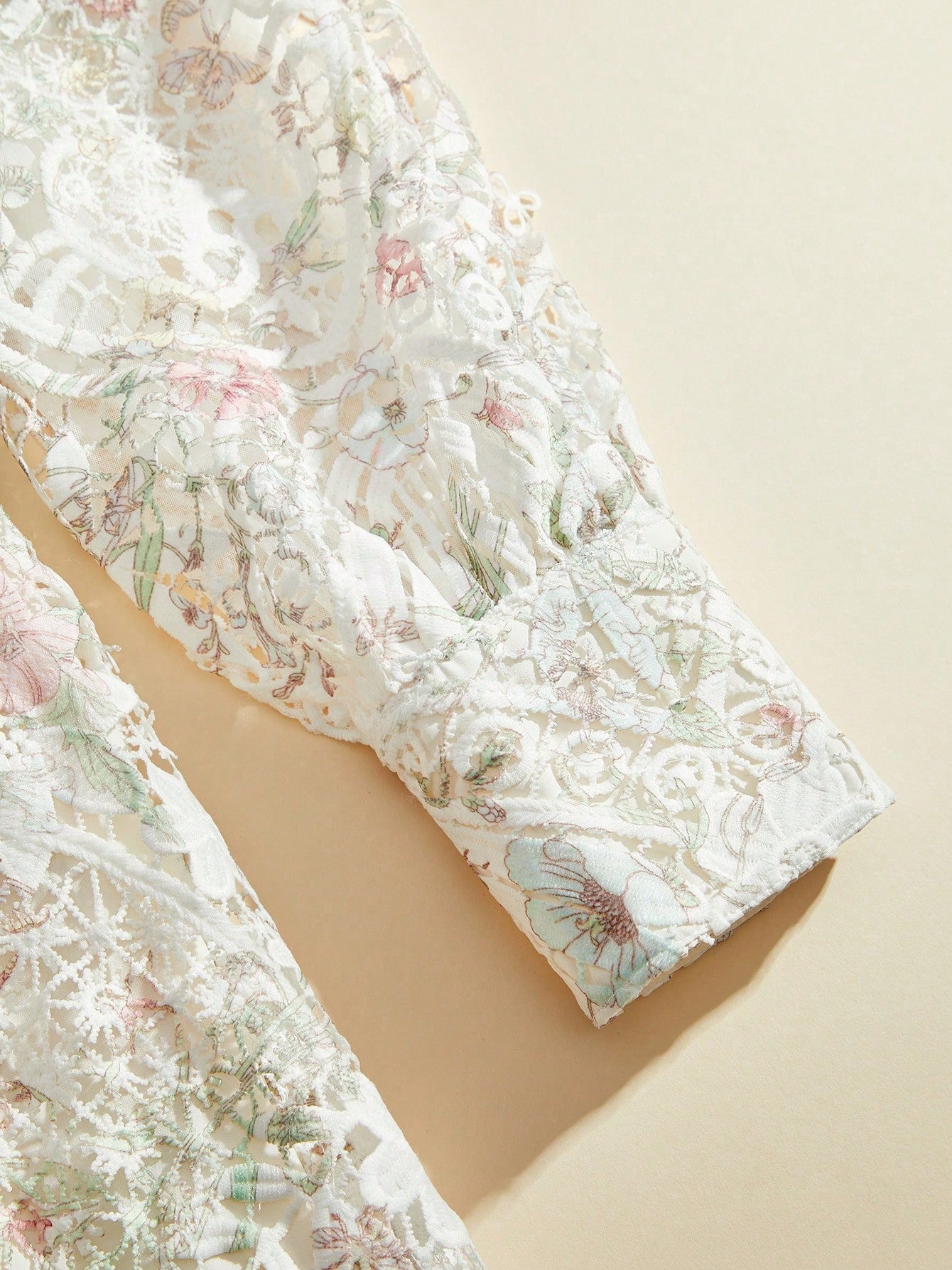 Watercolor Print Patchwork A-Line Dress with Lantern Sleeves & Embroidered Collar