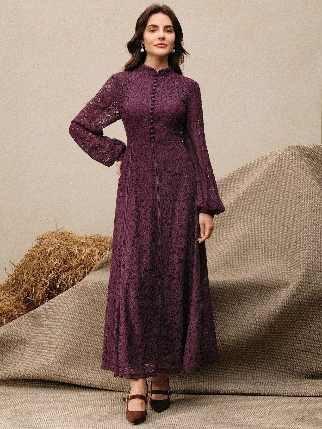 Long‑Sleeve Rose Lace Maxi Dress – Purple