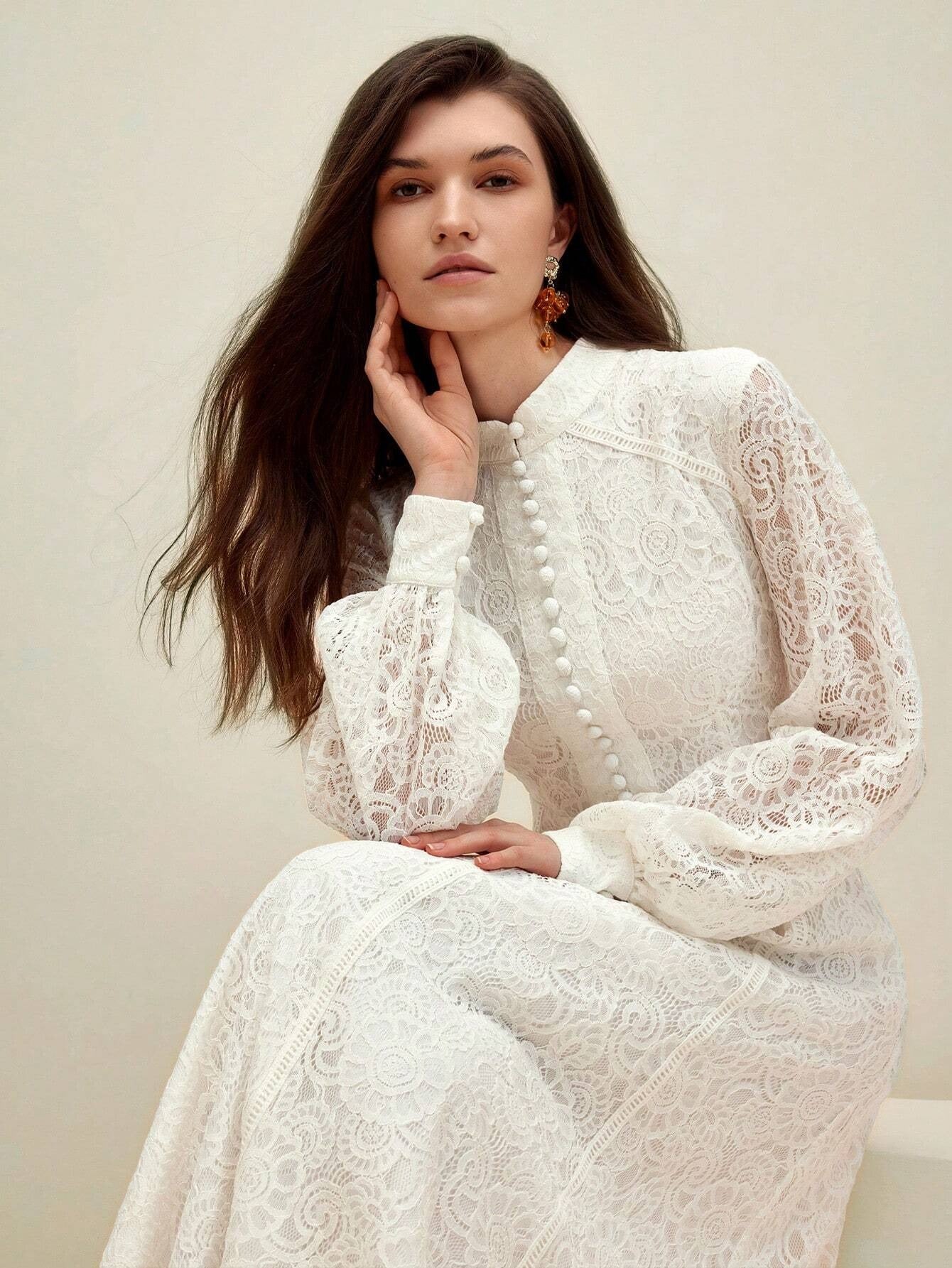 Long‑Sleeve Rose Lace Maxi Dress – White